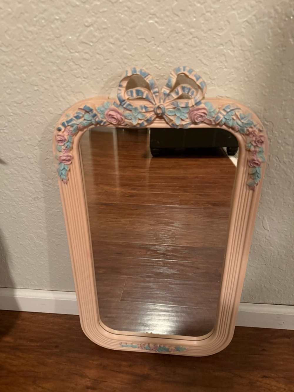 Vintage Homco Floral Bow Accent Mirror Pink  Framed Rectangle Wall Mounted